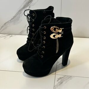 Jinpin Black Heeled Boots with Gold Accents Size 38